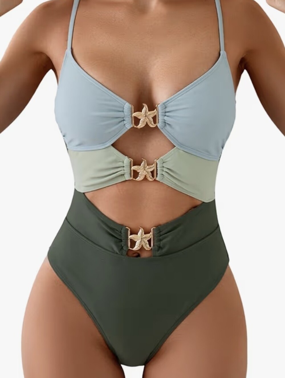 NWT-One-Piece Green Gradient Swimsuit with Gold Hardware and Adjustable Straps